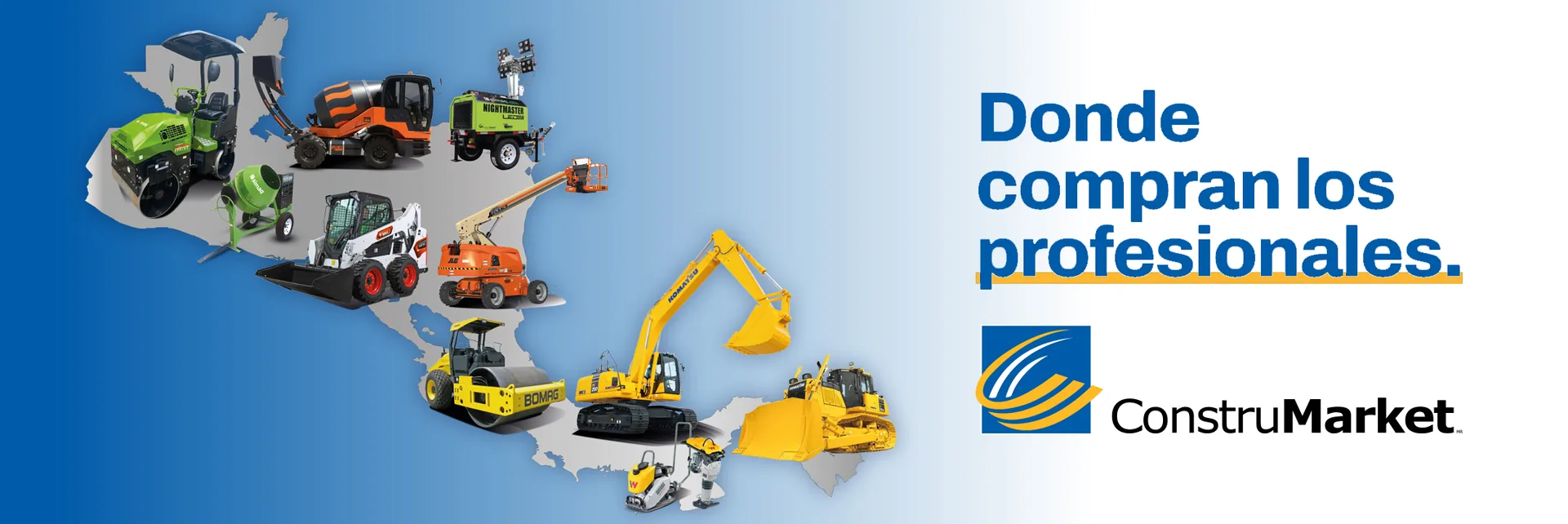 Donde compran los profesionales — ConstruMarket: excavadora, dozer, rodillos, minicargador, manlift, torre de luz, concretera y compactadoras sobre el mapa de Centroamérica y Panamá